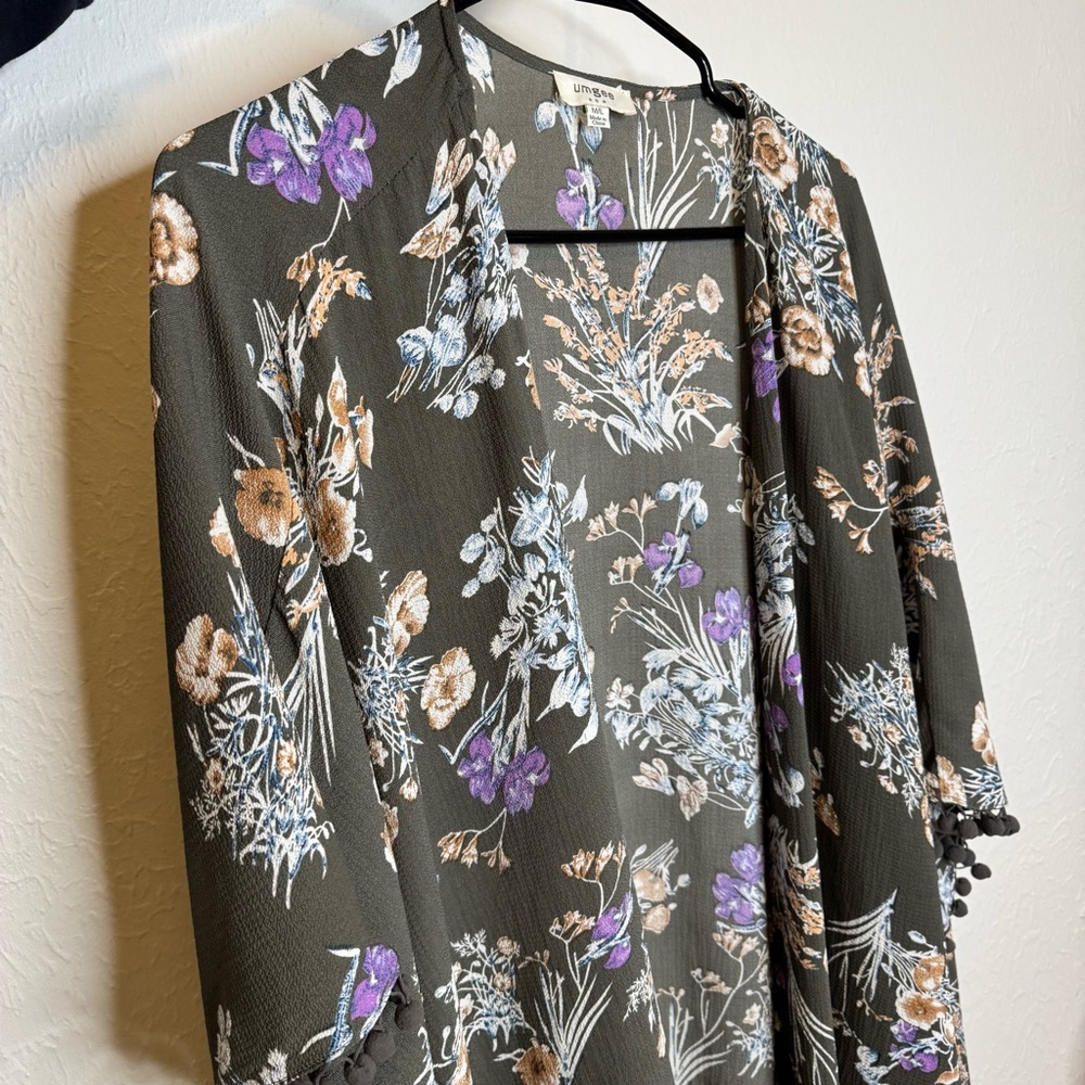 UMGEE Grey Boho Floral Kimono Pom Pom Cottagecore | Size M/L - Picture 2 of 6